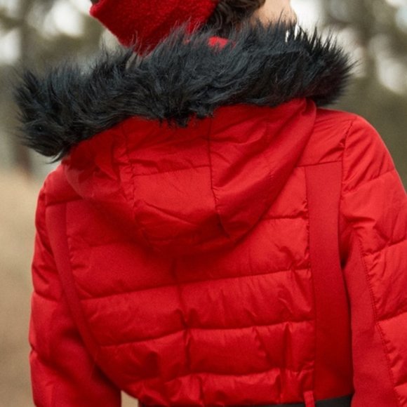 Red Faux Fur Harness Buckle Belt Detail Long Fitte - Picture 6 of 7